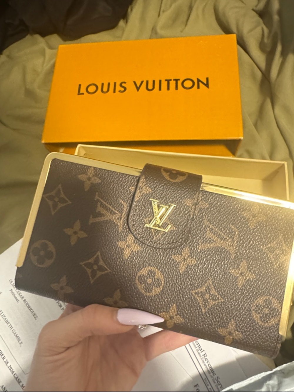 Louis Vuitton Brown Monogram Long Wallet with Gold LV Hardware